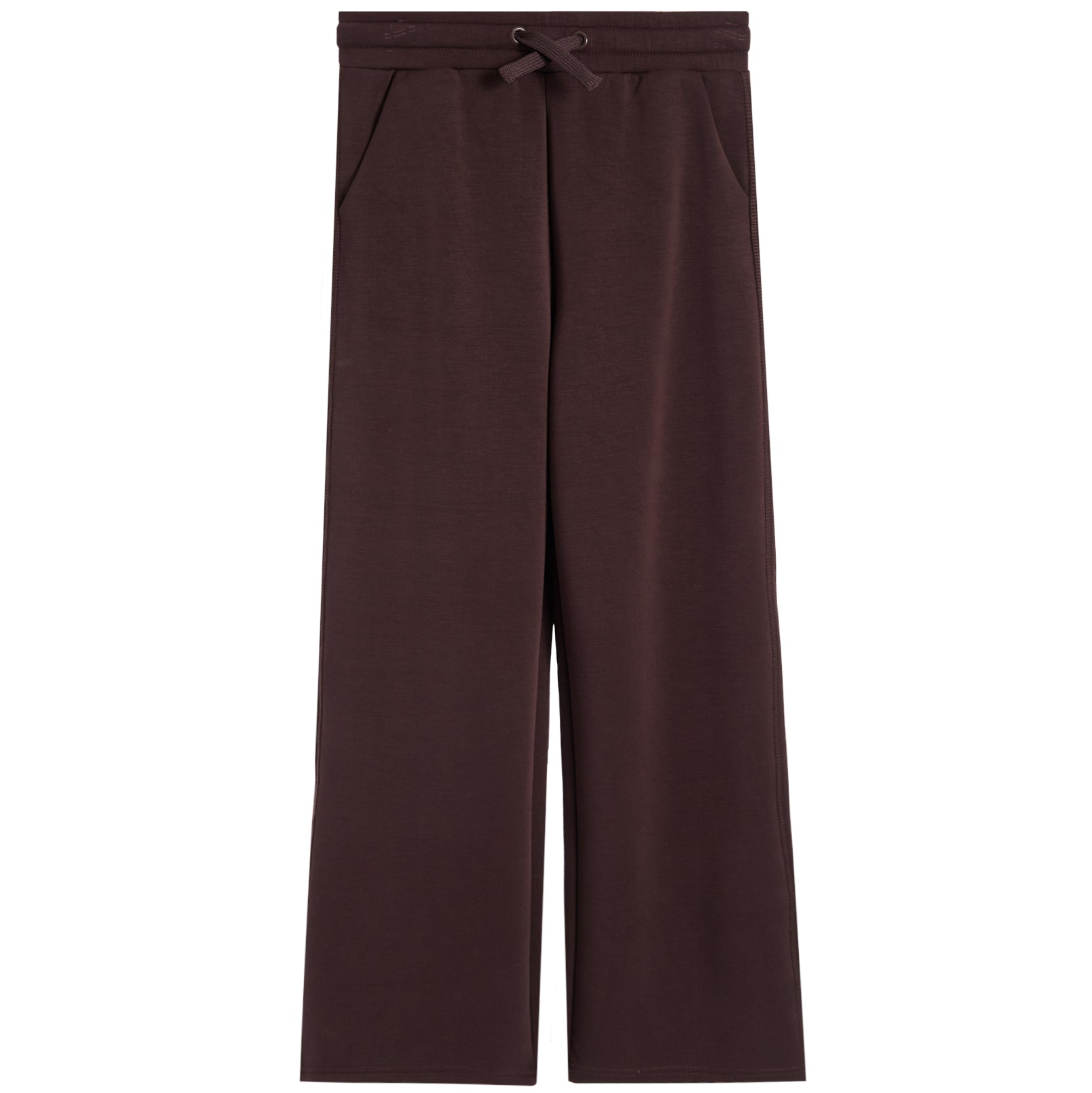 A pair of dark brown wide-leg lounge pants with an elastic waistband and drawstring, shown flat against a solid white background.