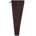 Dark brown tapered trousers with a front crease down the center and a matching dark brown drawstring tie at the elastic waistband, shown against a plain white background.
