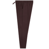Dark brown tapered trousers with a front crease down the center and a matching dark brown drawstring tie at the elastic waistband, shown against a plain white background.