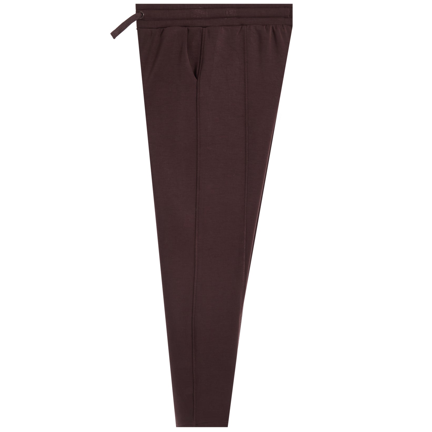 Dark brown tapered trousers with a front crease down the center and a matching dark brown drawstring tie at the elastic waistband, shown against a plain white background.