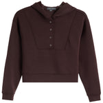 A dark brown cropped hoodie sweatshirt with a buttoned yoke neckline, displayed on a clean white background.