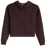 A dark brown cropped hoodie sweatshirt with a buttoned yoke neckline, displayed on a clean white background.
