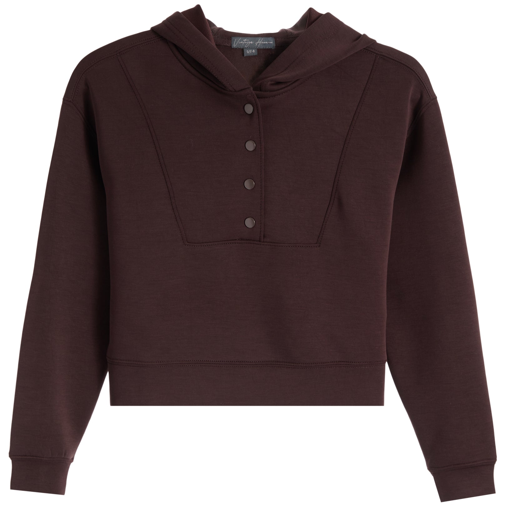A dark brown cropped hoodie sweatshirt with a buttoned yoke neckline, displayed on a clean white background.