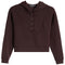 A dark brown cropped hoodie sweatshirt with a buttoned yoke neckline, displayed on a clean white background.