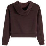 A dark brown cropped hoodie sweatshirt with a wide draped neckline, shown against a plain white background.
