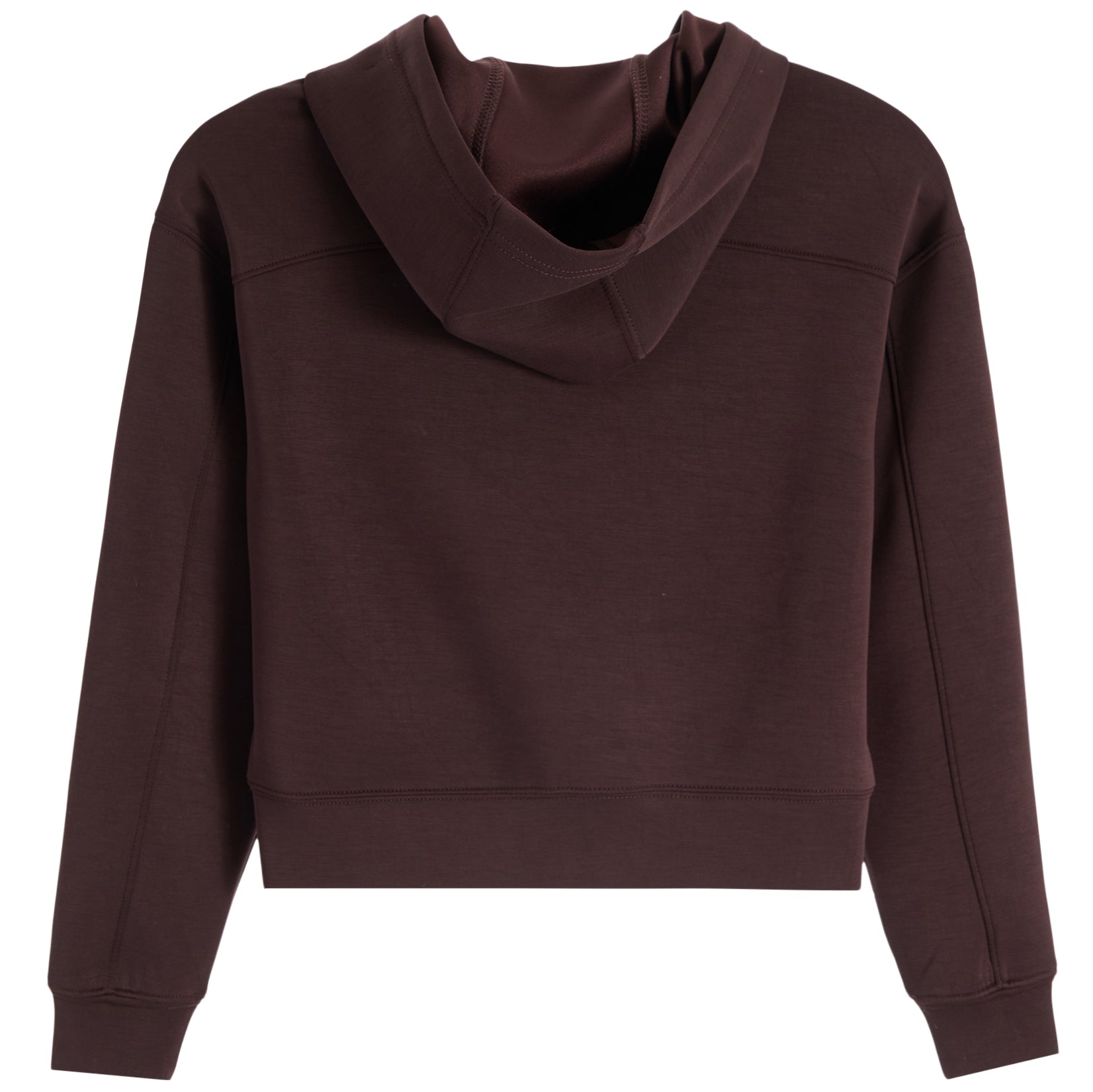 A dark brown cropped hoodie sweatshirt with a wide draped neckline, shown against a plain white background.