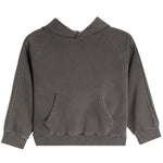 A dark gray washed cotton hoodie sweatshirt with a front kangaroo pocket and raglan sleeves, shown flat on a white background.