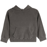 A dark gray washed cotton hoodie sweatshirt with a front kangaroo pocket and raglan sleeves, shown flat on a white background.