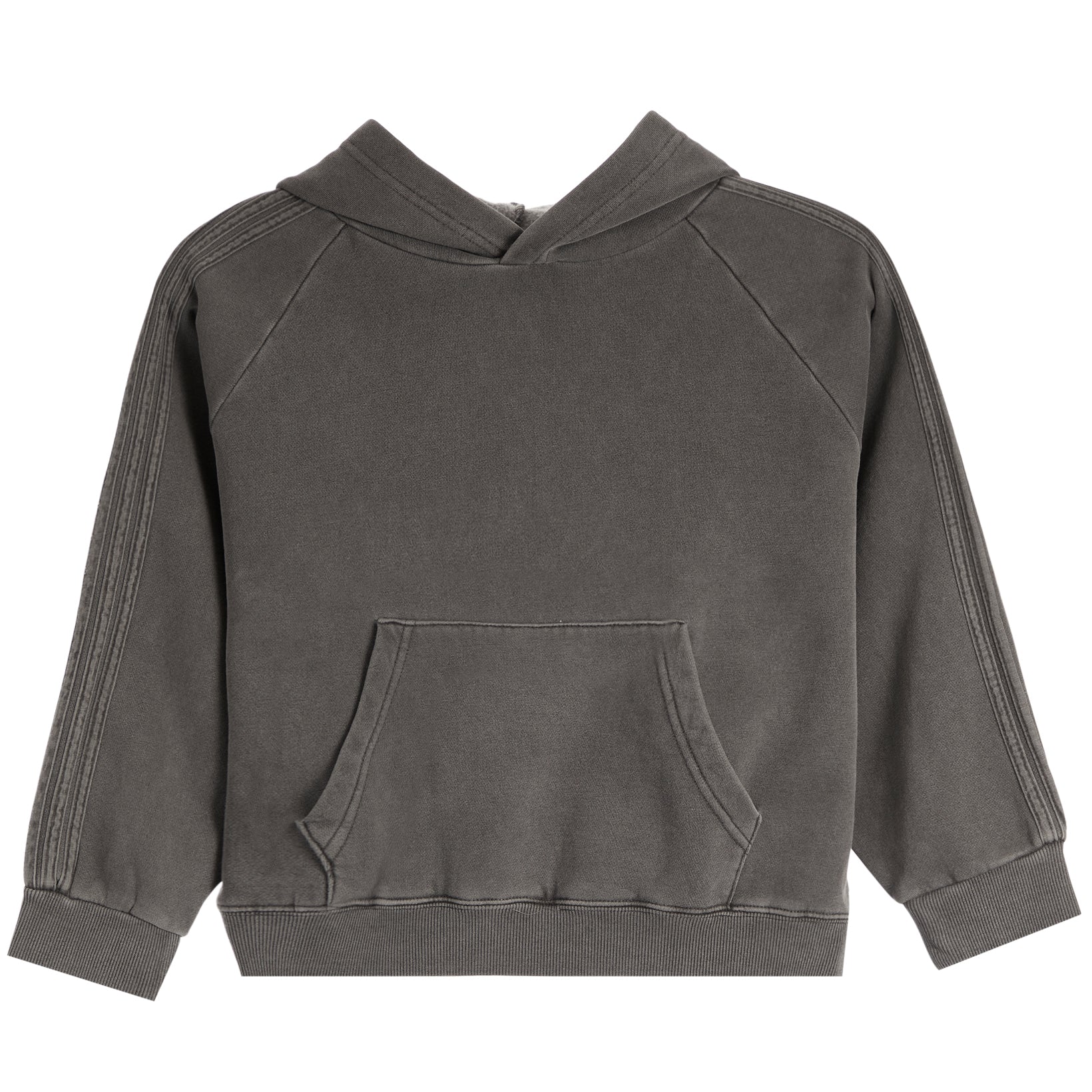 A dark gray washed cotton hoodie sweatshirt with a front kangaroo pocket and raglan sleeves, shown flat on a white background.
