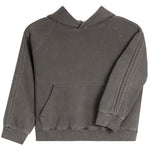 A dark gray washed hooded sweatshirt with a front kangaroo pocket and ribbed cuffs and hem, shown against a plain white background.
