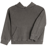 A dark gray washed hooded sweatshirt with a front kangaroo pocket and ribbed cuffs and hem, shown against a plain white background.