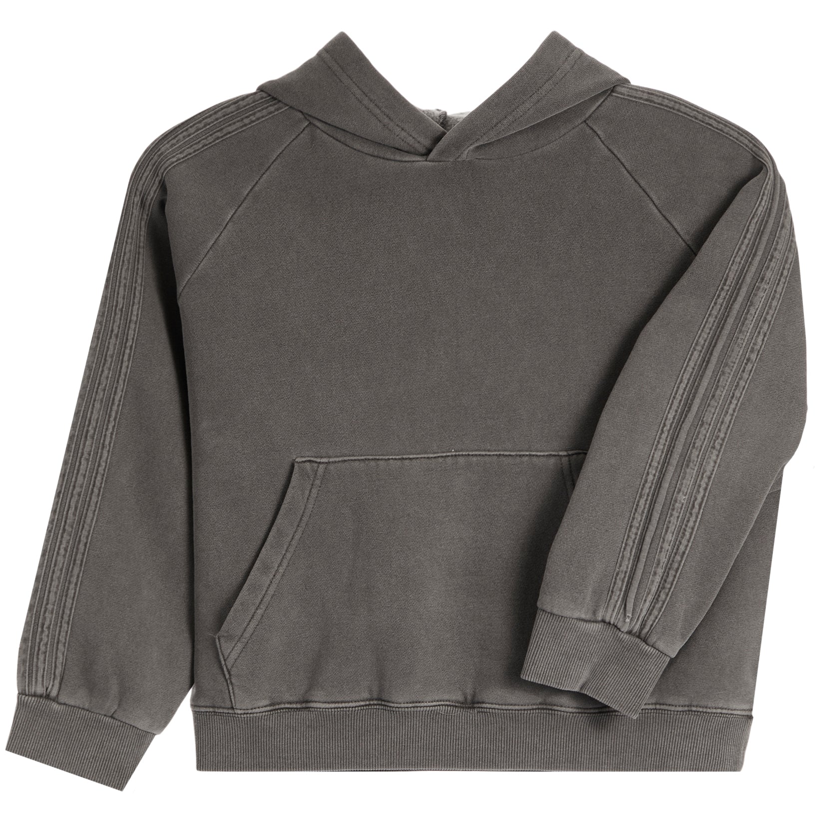 A dark gray washed hooded sweatshirt with a front kangaroo pocket and ribbed cuffs and hem, shown against a plain white background.