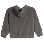 A dark gray washed cotton hoodie sweatshirt with a high folded hood, raglan sleeves, and ribbed cuffs and hem, shown flat on a white background.