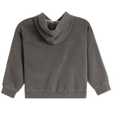A dark gray washed cotton hoodie sweatshirt with a high folded hood, raglan sleeves, and ribbed cuffs and hem, shown flat on a white background.