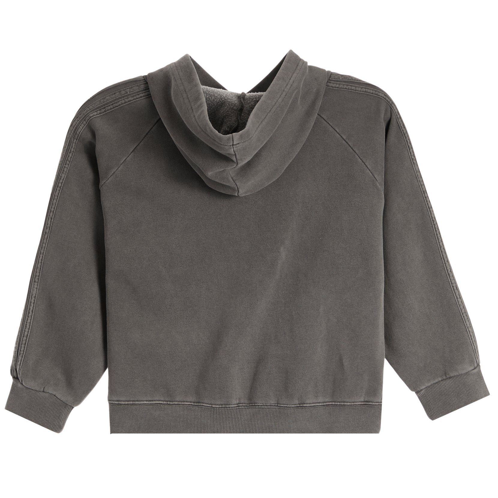 A dark gray washed cotton hoodie sweatshirt with a high folded hood, raglan sleeves, and ribbed cuffs and hem, shown flat on a white background.