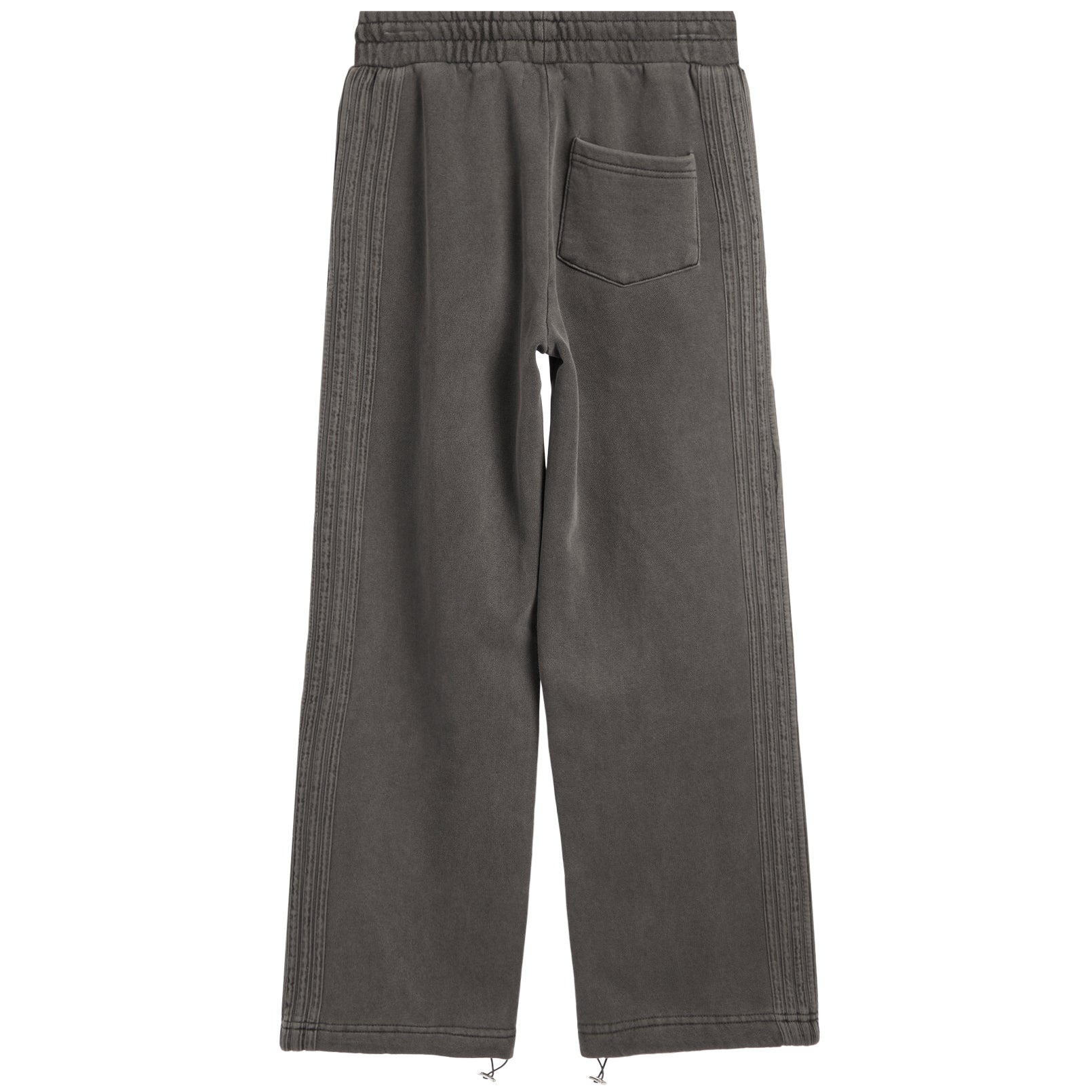 A pair of dark gray wide-leg sweatpants with a single back pocket and double-stitched side detailing, shown from the back on a white background.