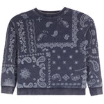 A dark slate blue crewneck sweatshirt featuring a white paisley and floral bandana print across the front, shown flat on a white background.