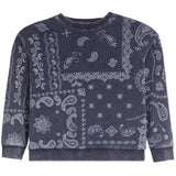 A dark slate blue crewneck sweatshirt featuring a white paisley and floral bandana print across the front, shown flat on a white background.