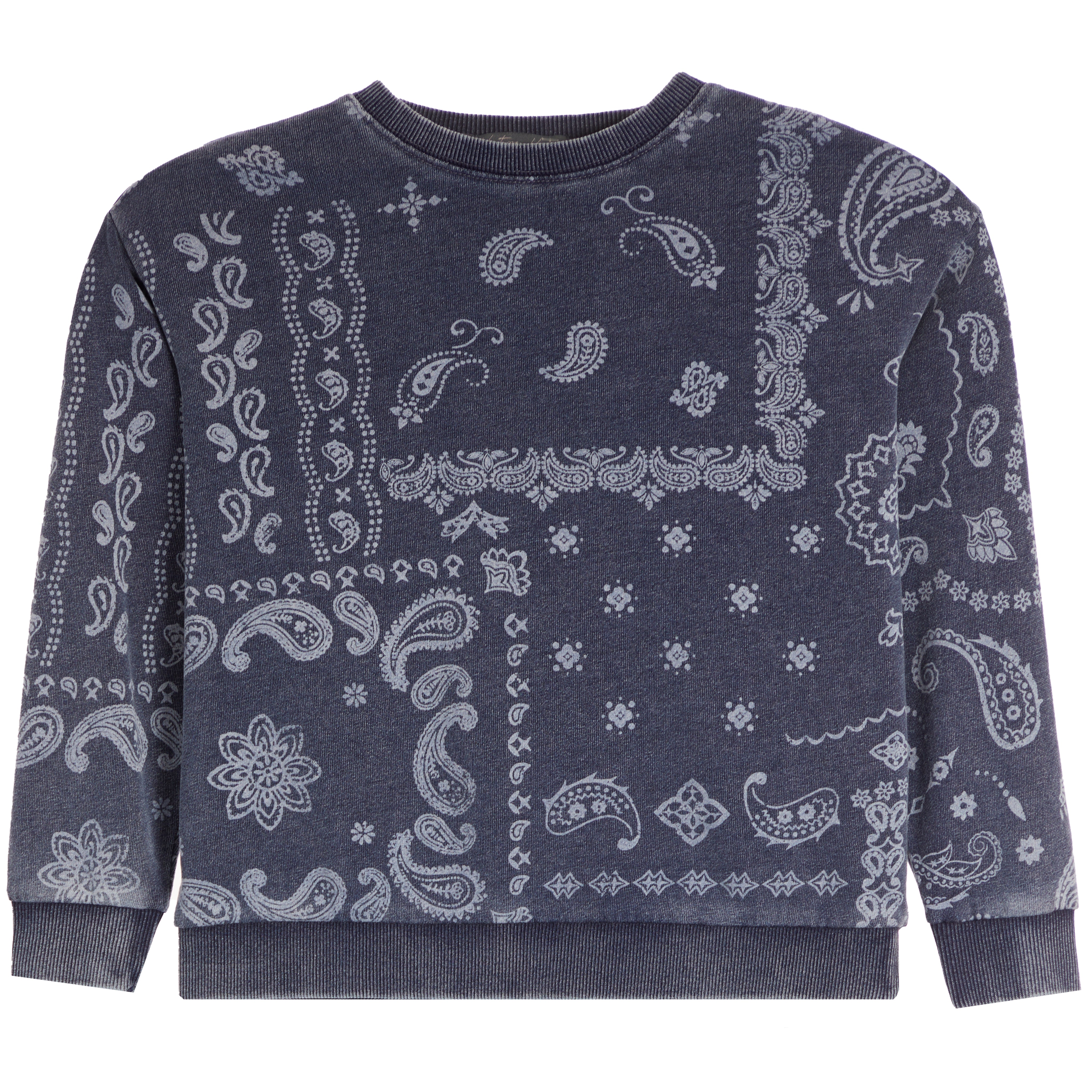 A dark slate blue crewneck sweatshirt featuring a white paisley and floral bandana print across the front, shown flat on a white background.