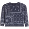 A dark slate blue crewneck sweatshirt featuring a white paisley and floral bandana print across the front, shown flat on a white background.