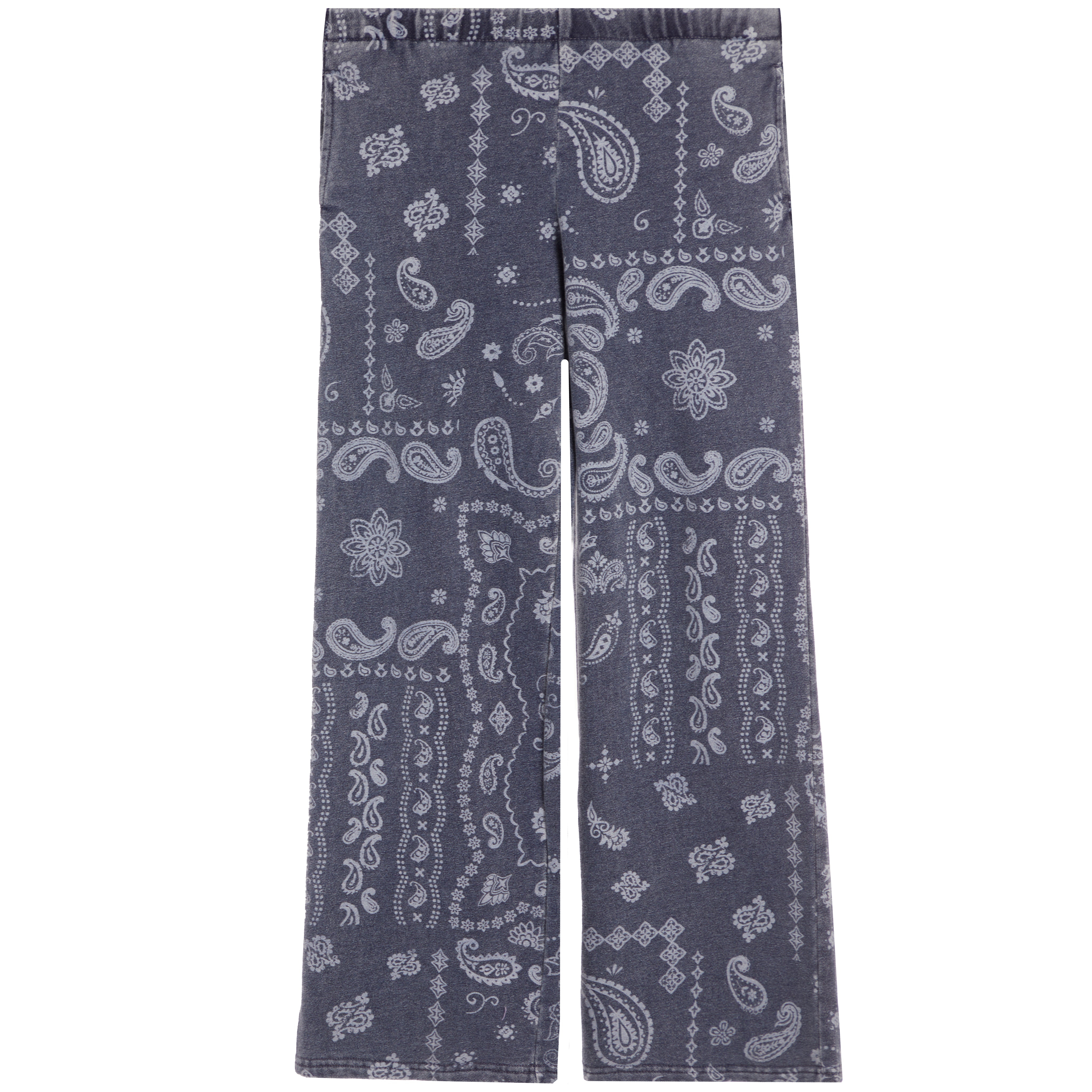 A pair of wide-leg pants in a dark gray fabric with a white paisley and floral bandana print, shown flat against a white background.