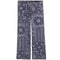 A pair of wide-leg pants in a dark gray fabric with a white paisley and floral bandana print, shown flat against a white background.