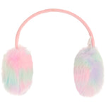 Pink faux fur earmuffs with a pastel rainbow gradient on the ear cups and a light pink padded headband, shown on a solid white background.