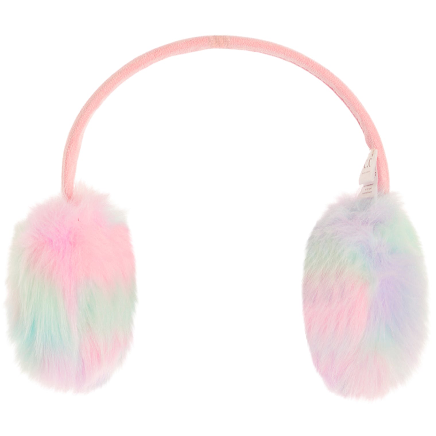 Pink faux fur earmuffs with a pastel rainbow gradient on the ear cups and a light pink padded headband, shown on a solid white background.