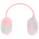 Pink faux fur earmuffs with a pastel rainbow gradient on the ear cups and a light pink padded headband, shown on a solid white background.