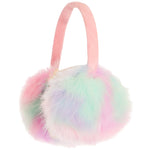 A pastel faux-fur handbag with a soft pink handle, featuring a fluffy body in a blended mix of pink, mint green, lavender, and white.