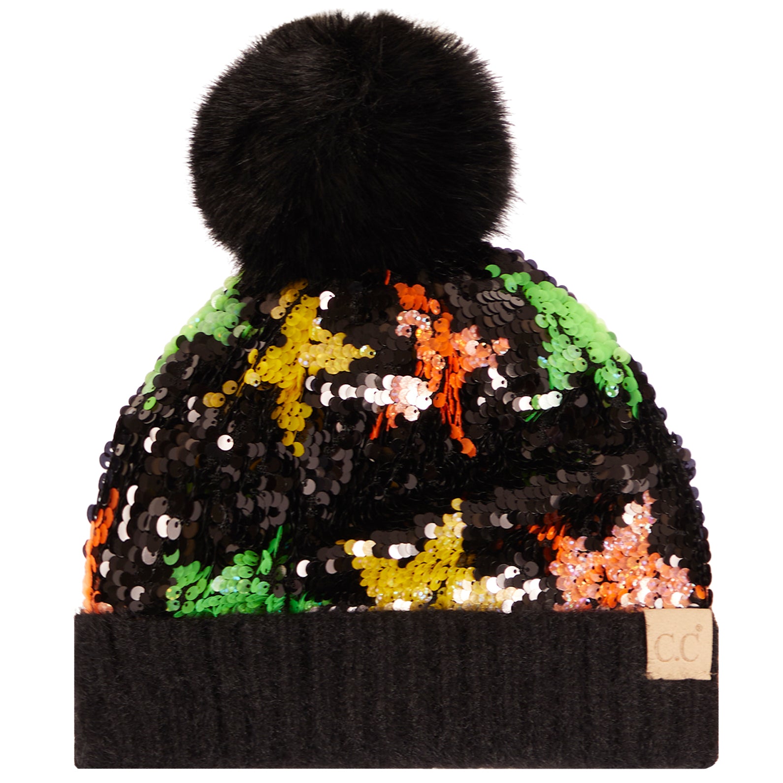 A black beanie hat with a large black faux fur pom-pom. Features sequins that reveal a multicolor star pattern of green, yellow, orange, and white.
