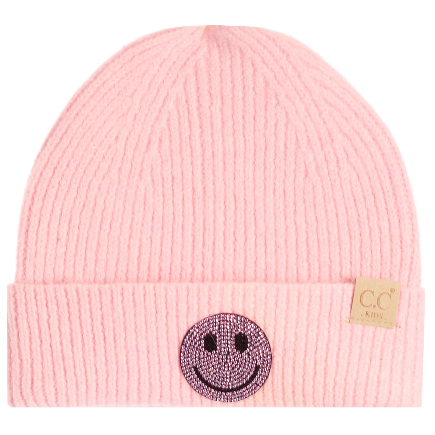 A light pink ribbed knit beanie hat for kids, featuring a black and pink rhinestone smiley face patch on the front cuff and a small tan brand tag on the side.