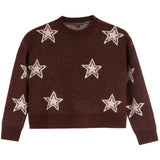 A dark brown knit sweater featuring a pattern of large, light pink stars with white outlines, displayed flat against a solid white background.