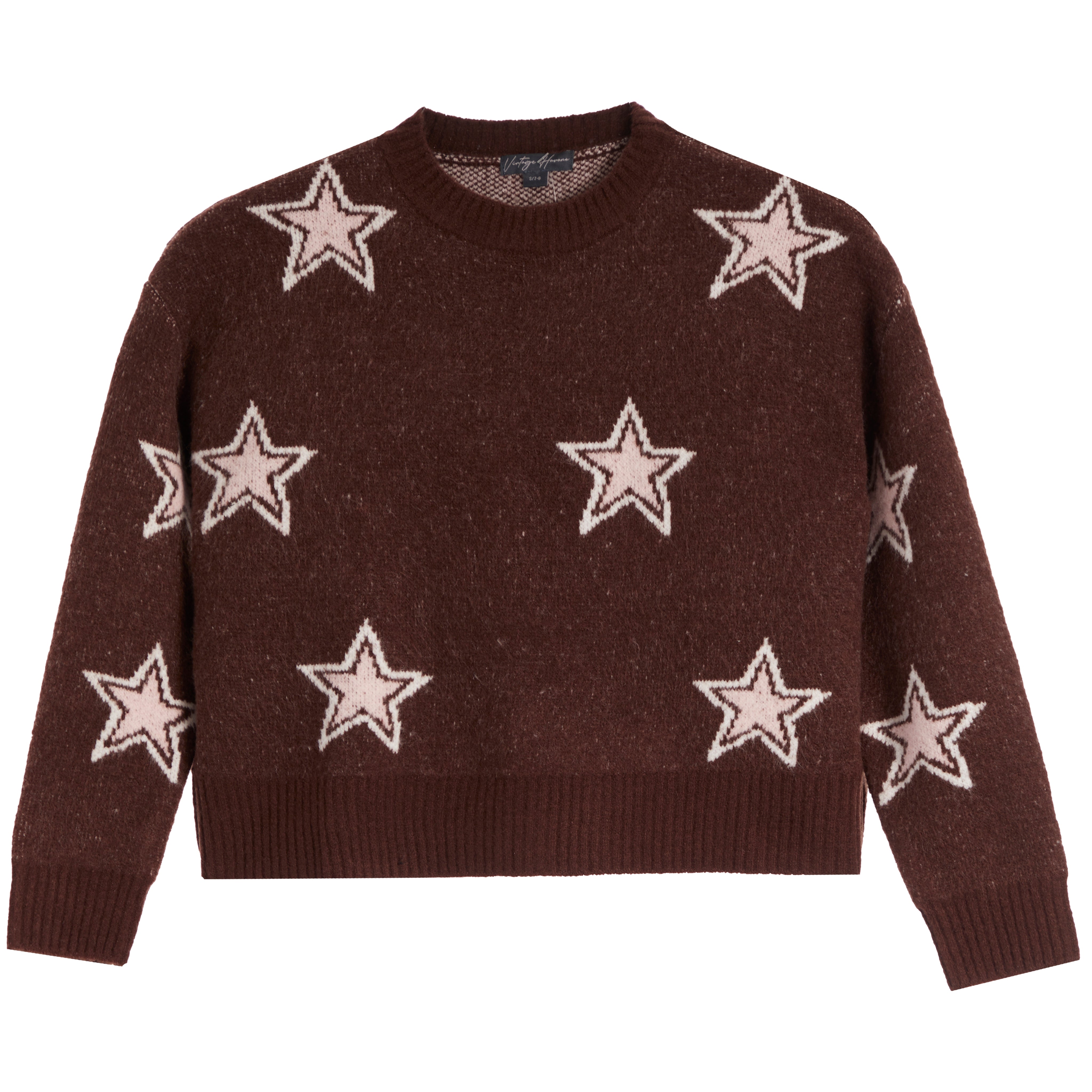 A dark brown knit sweater featuring a pattern of large, light pink stars with white outlines, displayed flat against a solid white background.
