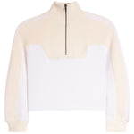 A cropped long-sleeve quarter-zip pullover sweater with a cream ribbed knit collar, shoulders, and sleeves, and a solid white front panel, shown on a plain white background.