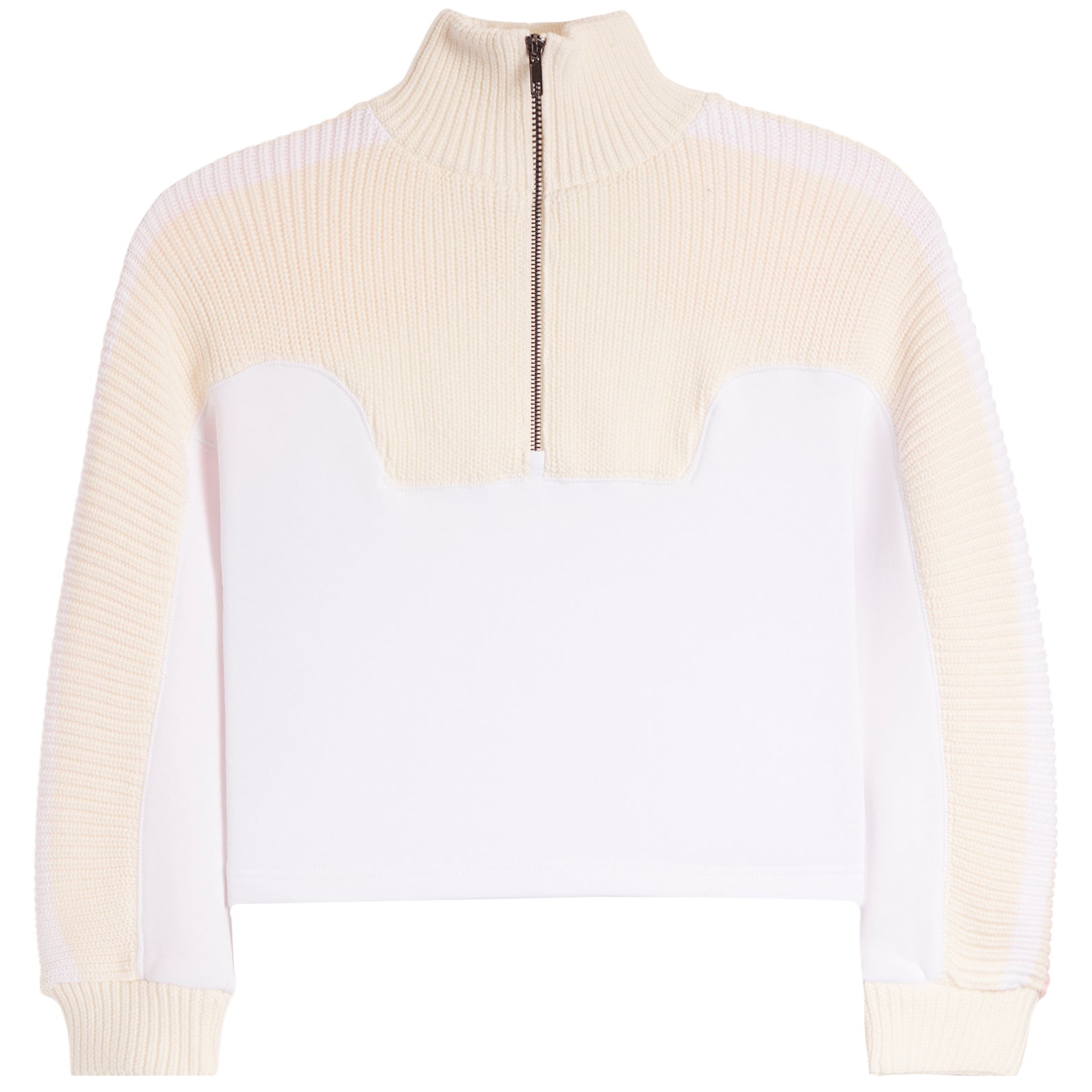 A cropped long-sleeve quarter-zip pullover sweater with a cream ribbed knit collar, shoulders, and sleeves, and a solid white front panel, shown on a plain white background.