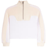 A cropped long-sleeve quarter-zip pullover sweater with a cream ribbed knit collar, shoulders, and sleeves, and a solid white front panel, shown on a plain white background.