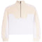 A cropped long-sleeve quarter-zip pullover sweater with a cream ribbed knit collar, shoulders, and sleeves, and a solid white front panel, shown on a plain white background.