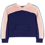 A color-blocked knit hoodie sweatshirt with a navy blue body, light pink yoke, and striped sleeves in pink, cream, and light blue, shown against a plain white background.