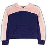 A color-blocked knit hoodie sweatshirt with a navy blue body, light pink yoke, and striped sleeves in pink, cream, and light blue, shown against a plain white background.