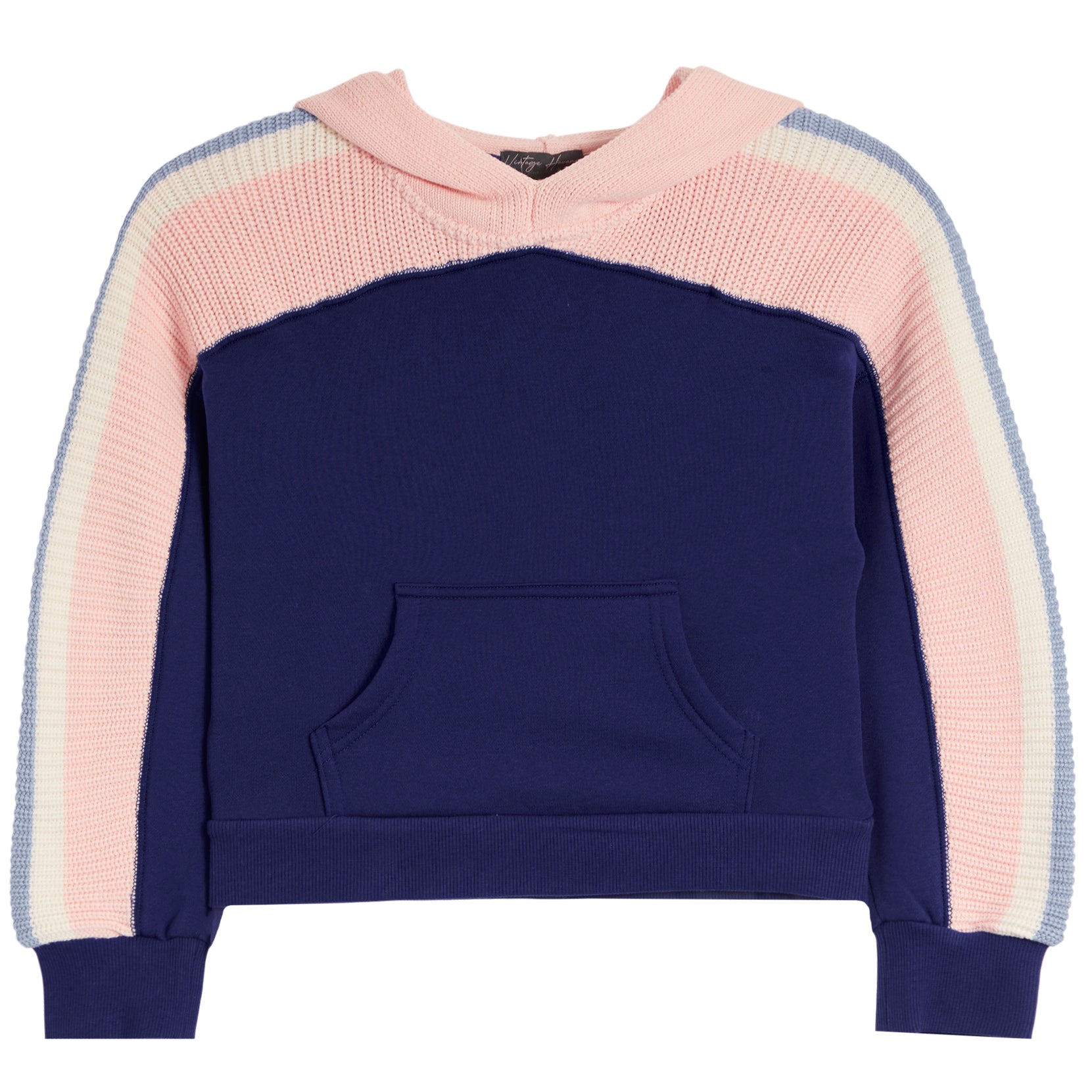 A color-blocked knit hoodie sweatshirt with a navy blue body, light pink yoke, and striped sleeves in pink, cream, and light blue, shown against a plain white background.