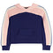 A color-blocked knit hoodie sweatshirt with a navy blue body, light pink yoke, and striped sleeves in pink, cream, and light blue, shown against a plain white background.