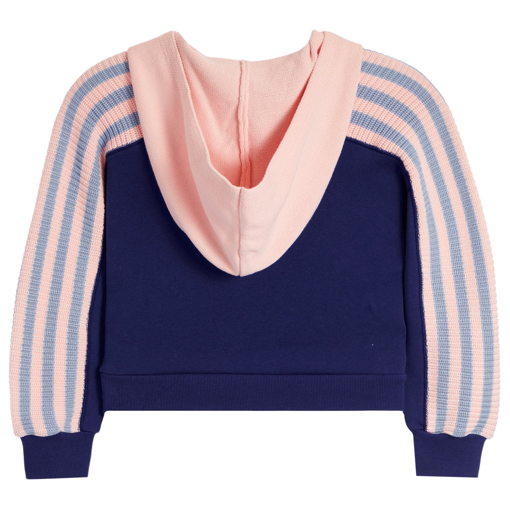 A cropped hoodie sweatshirt with a solid navy blue body, a light pink hood, and light pink and blue striped knit sleeves, shown against a plain white background.