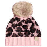 A pink knit beanie with a leopard print pattern, featuring a fluffy beige faux fur pom-pom on top and a ribbed pink brim with a small beige tag.