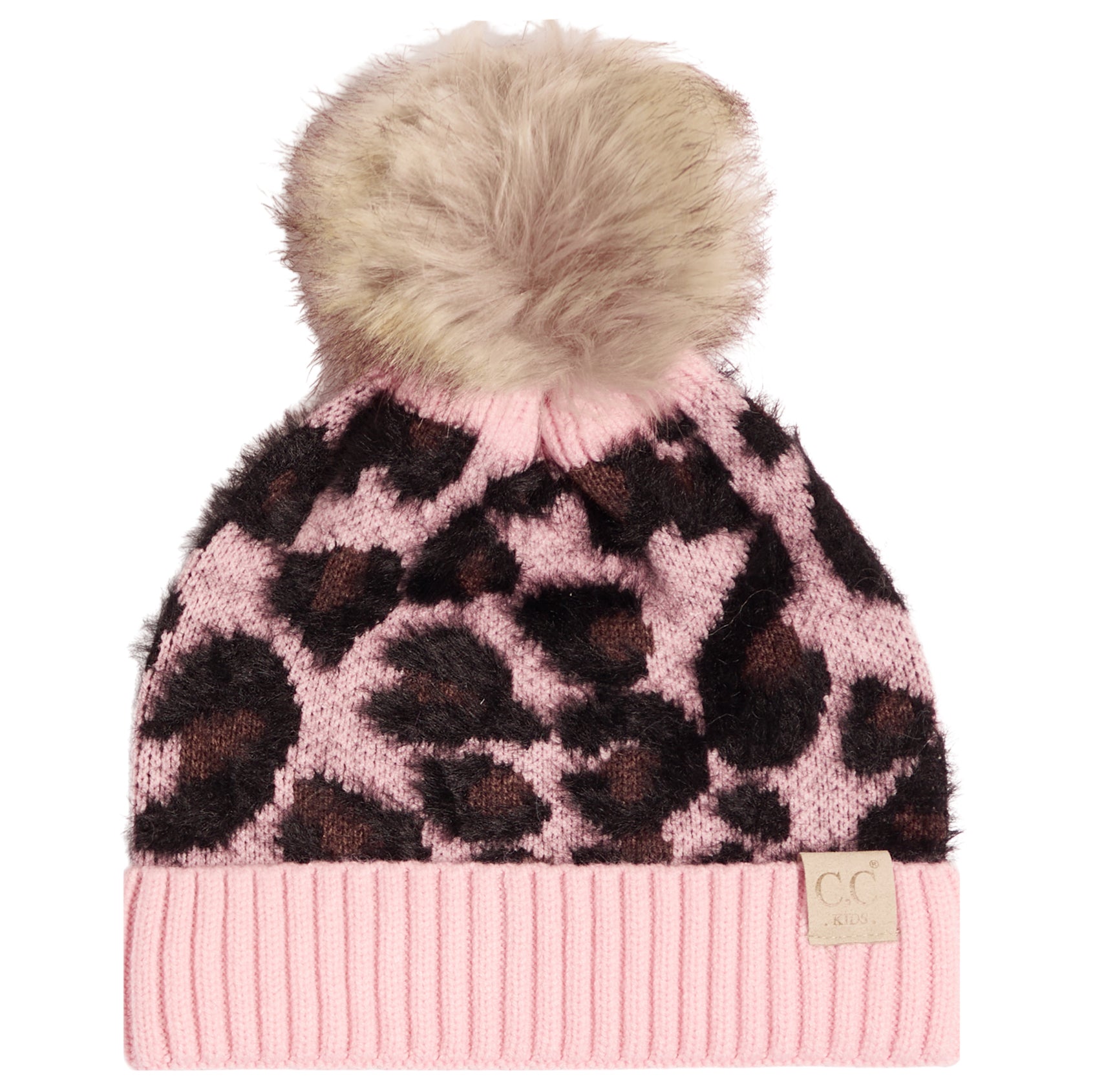 A pink knit beanie with a leopard print pattern, featuring a fluffy beige faux fur pom-pom on top and a ribbed pink brim with a small beige tag.