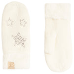 A pair of cream-colored knit winter mittens with fluffy faux-fur trim. One mitten is shown from the back, featuring three rhinestone-embellished stars and a small tan leather patch with a 'CC' logo.