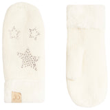 A pair of cream-colored knit winter mittens with fluffy faux-fur trim. One mitten is shown from the back, featuring three rhinestone-embellished stars and a small tan leather patch with a 'CC' logo.