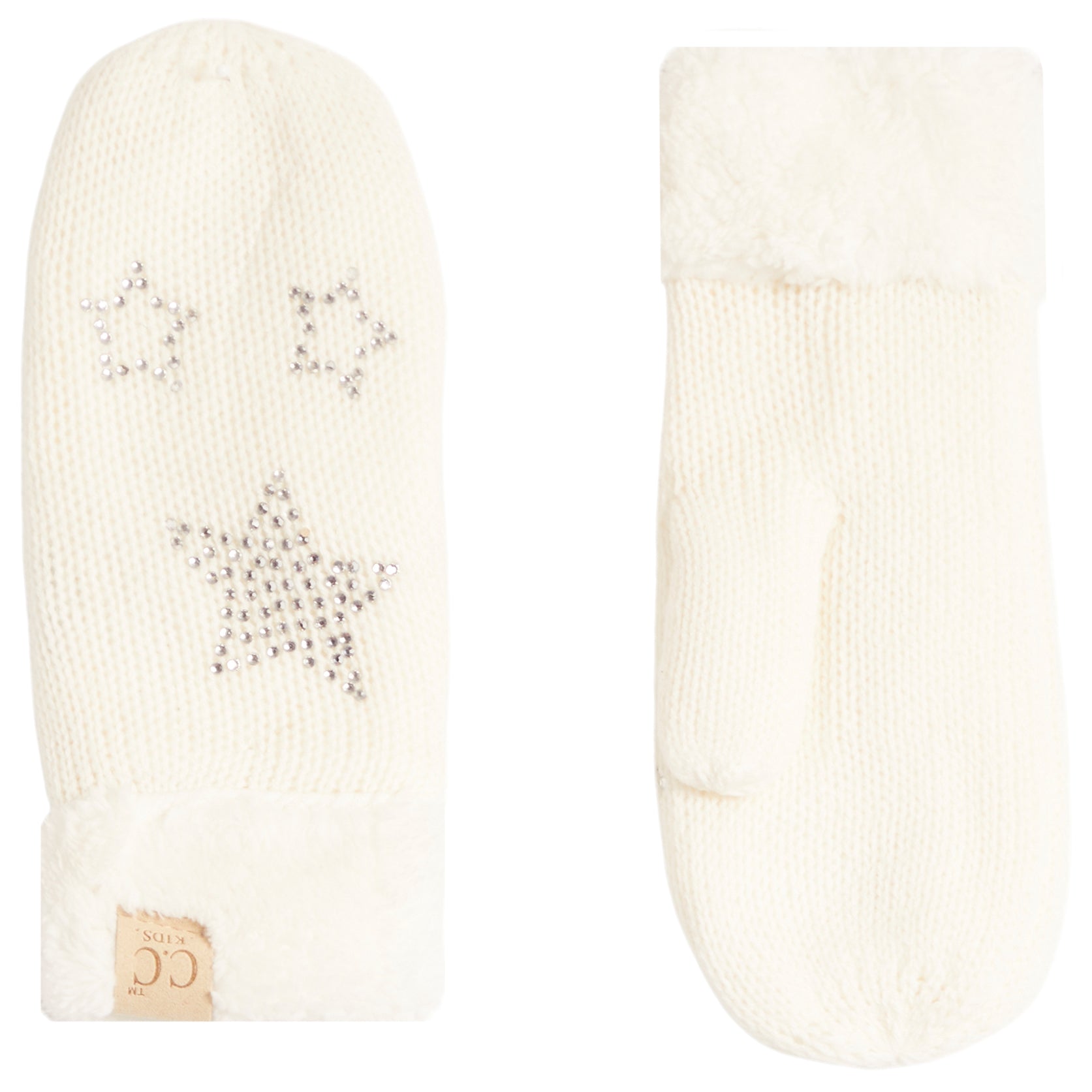 A pair of cream-colored knit winter mittens with fluffy faux-fur trim. One mitten is shown from the back, featuring three rhinestone-embellished stars and a small tan leather patch with a 'CC' logo.