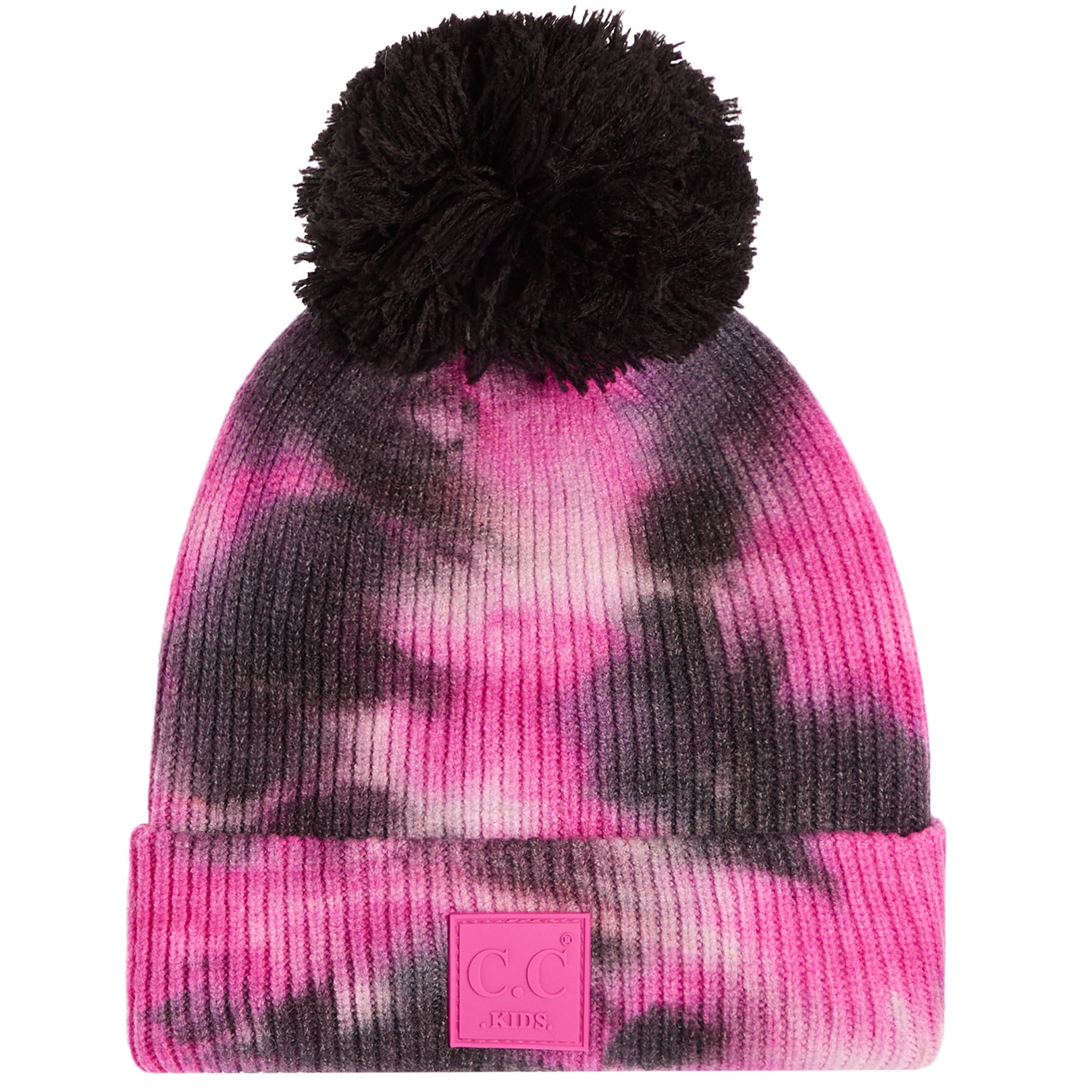 A pink and black tie-dye knit beanie with a large black pom-pom on top and a pink stitched logo patch on the cuff. The patch reads 'CC.