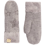 A pair of light gray knit mittens with fluffy faux-fur trim and rhinestone star embellishments, shown on a plain white background.